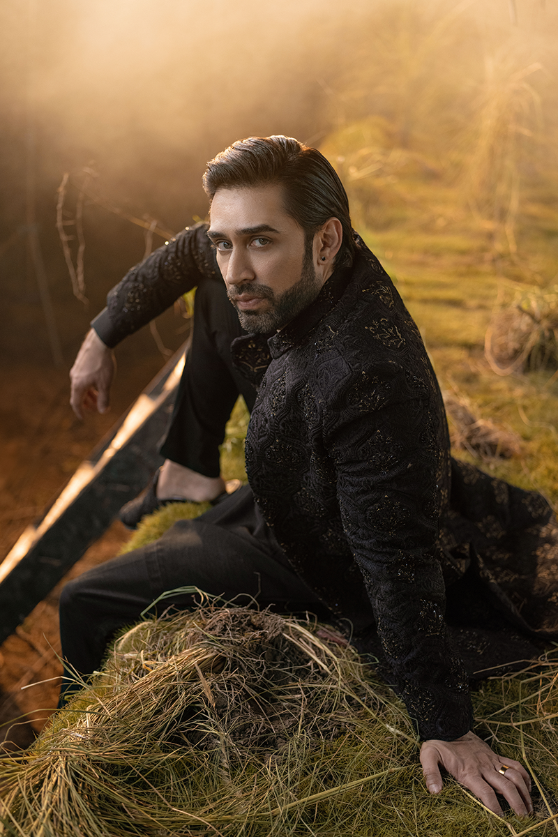 Black Bronze Tilla Jamawar Achkan Sherwani (2-Piece) - Image 8