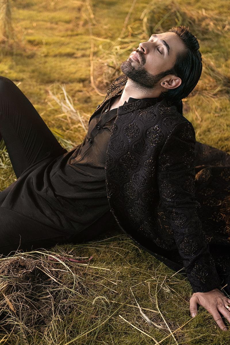 Black Bronze Tilla Jamawar Achkan Sherwani (2-Piece) - Image 9