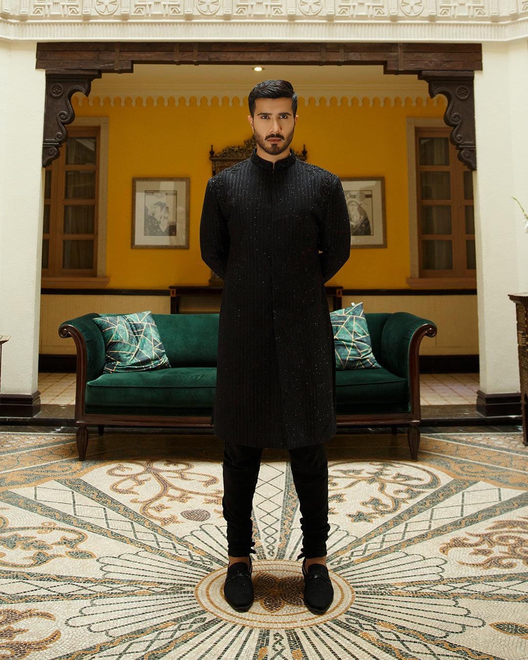 Black Embellished Karandi Sherwani (2-Piece) - Image 1