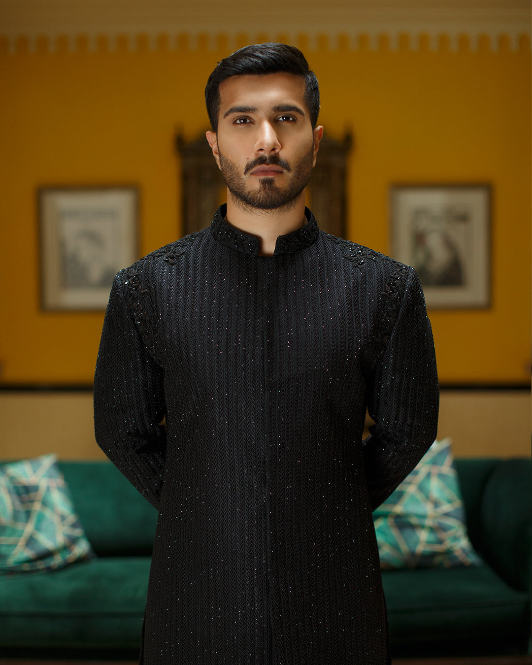 Black Embellished Karandi Sherwani (2-Piece) - Image 5
