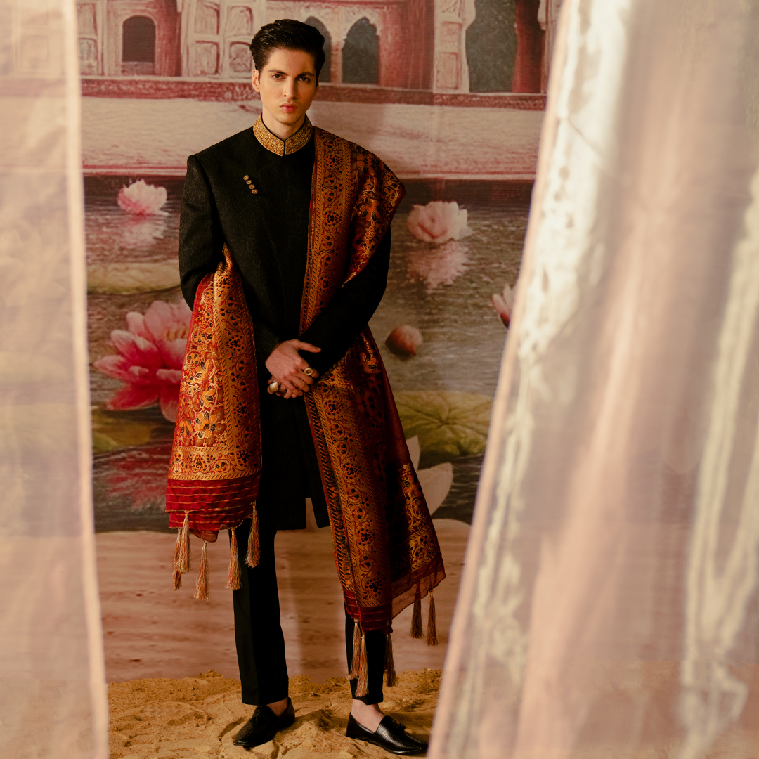 Black Embroidered Karandi Jamawar Sherwani (3-Piece) - Image 1