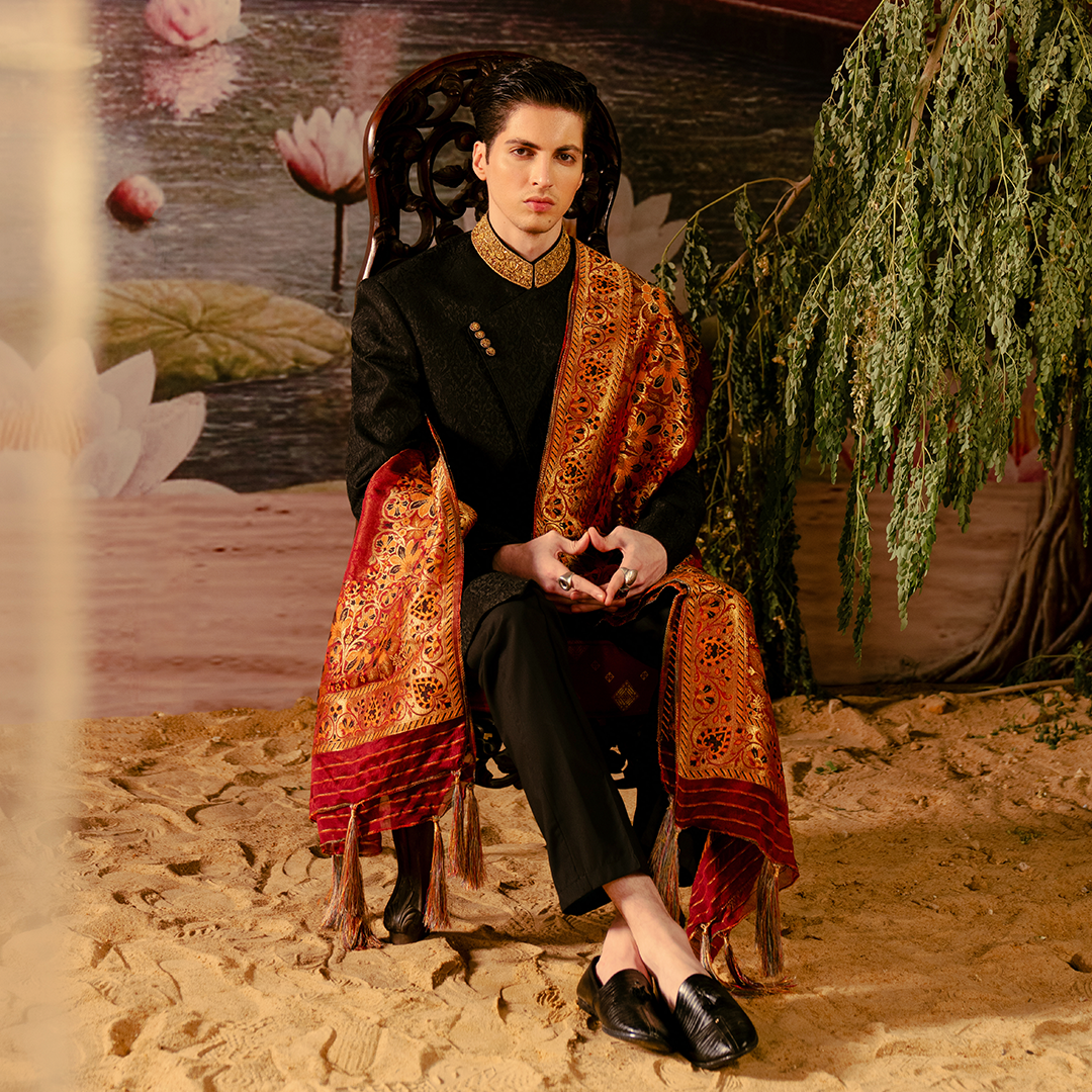 Black Embroidered Karandi Jamawar Sherwani (3-Piece) - Image 2