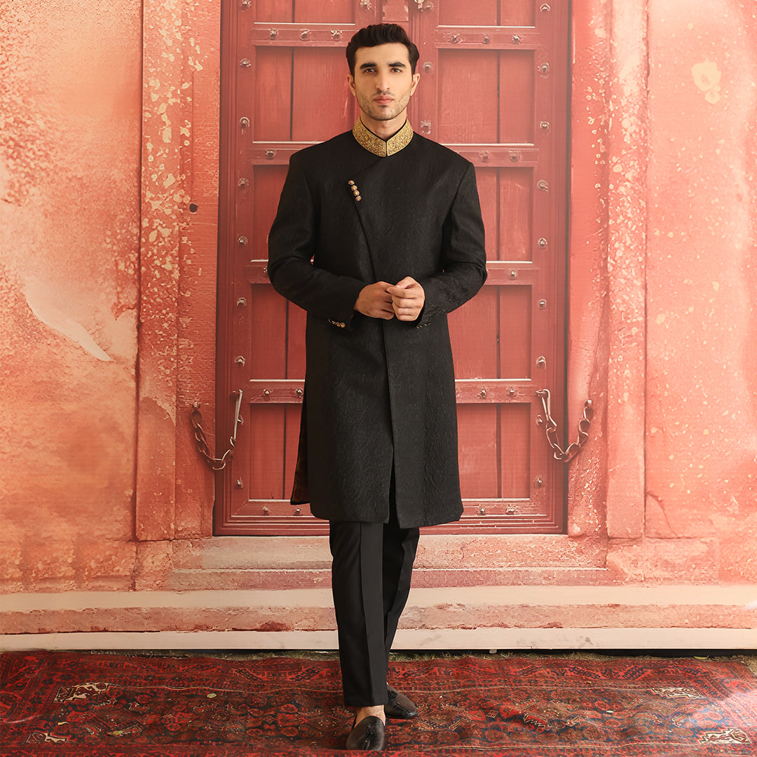 Black Embroidered Karandi Jamawar Sherwani (3-Piece) - Image 5