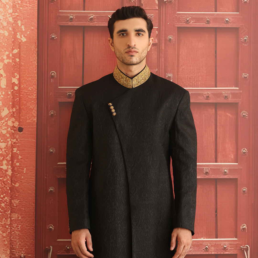 Black Embroidered Karandi Jamawar Sherwani (3-Piece) - Image 6