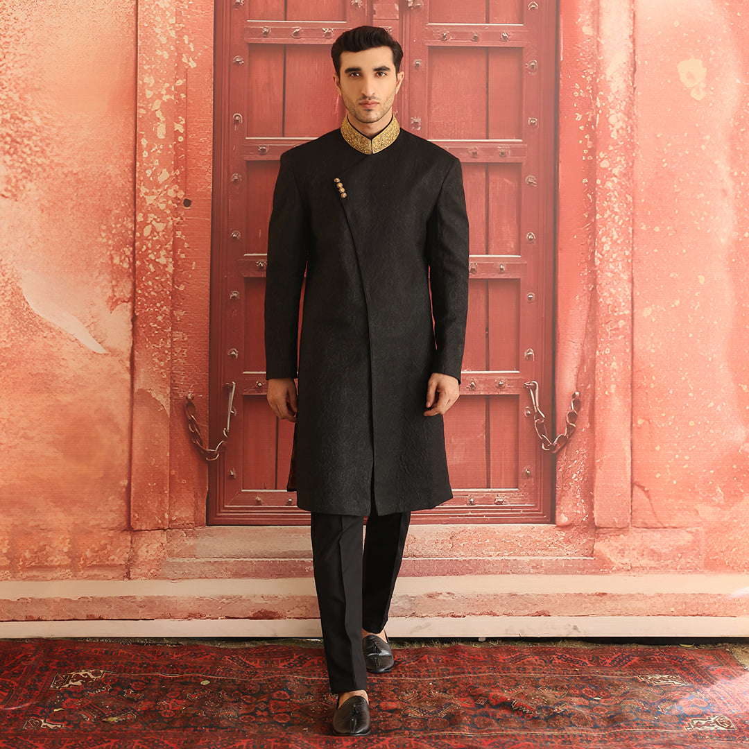 Black Embroidered Karandi Jamawar Sherwani (3-Piece) - Image 7