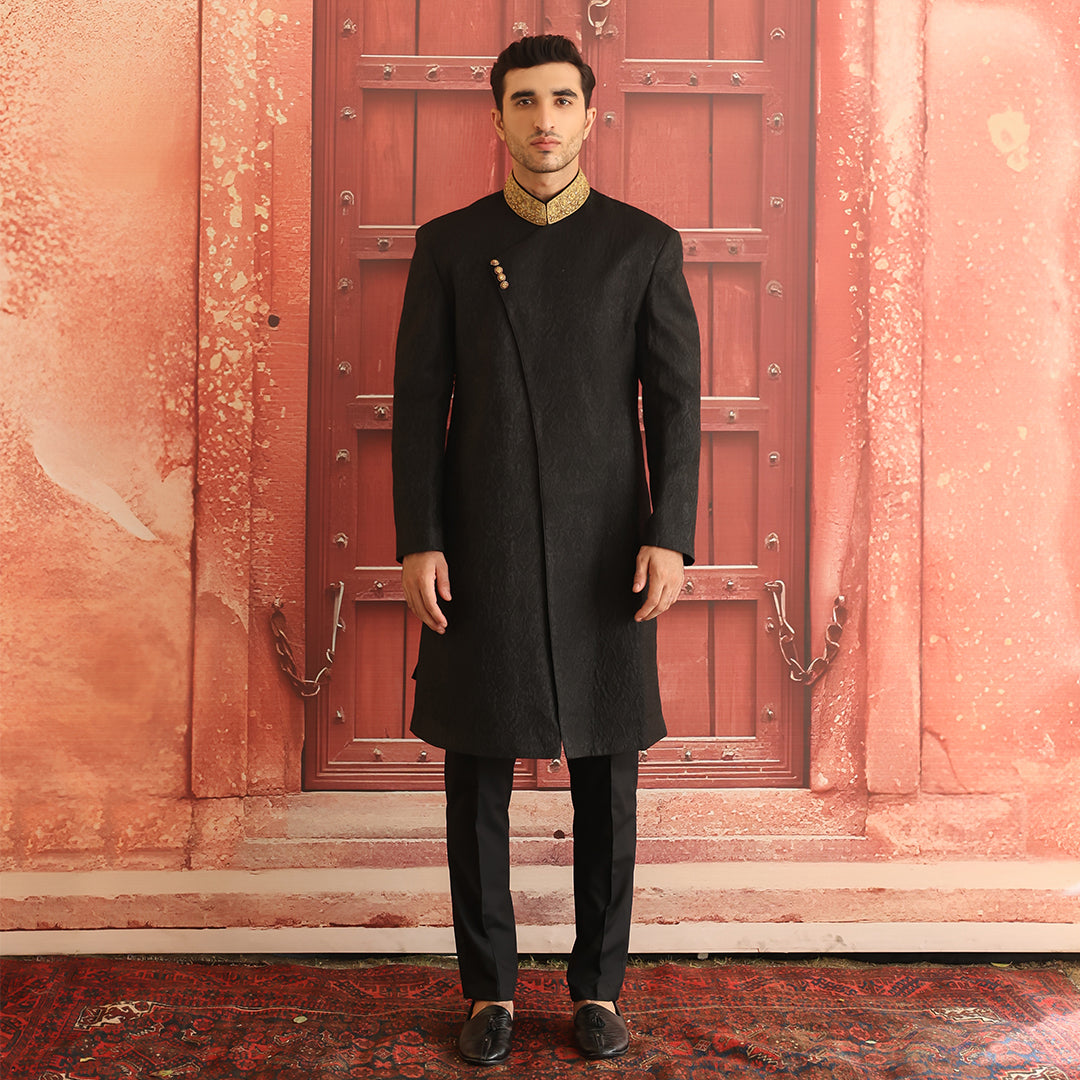 Black Embroidered Karandi Jamawar Sherwani (3-Piece) - Image 8