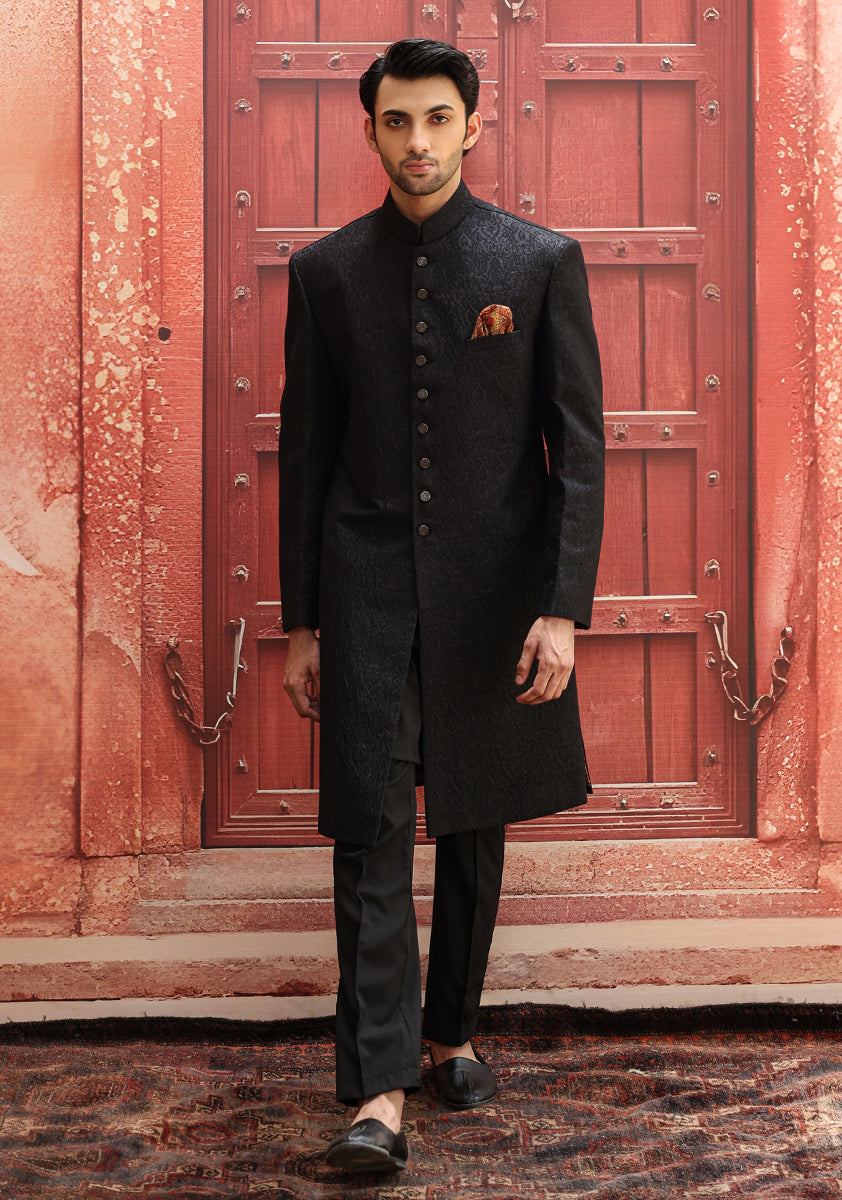 Black Karandi Jamawar Achkan Sherwani (2-Piece) - Image 1
