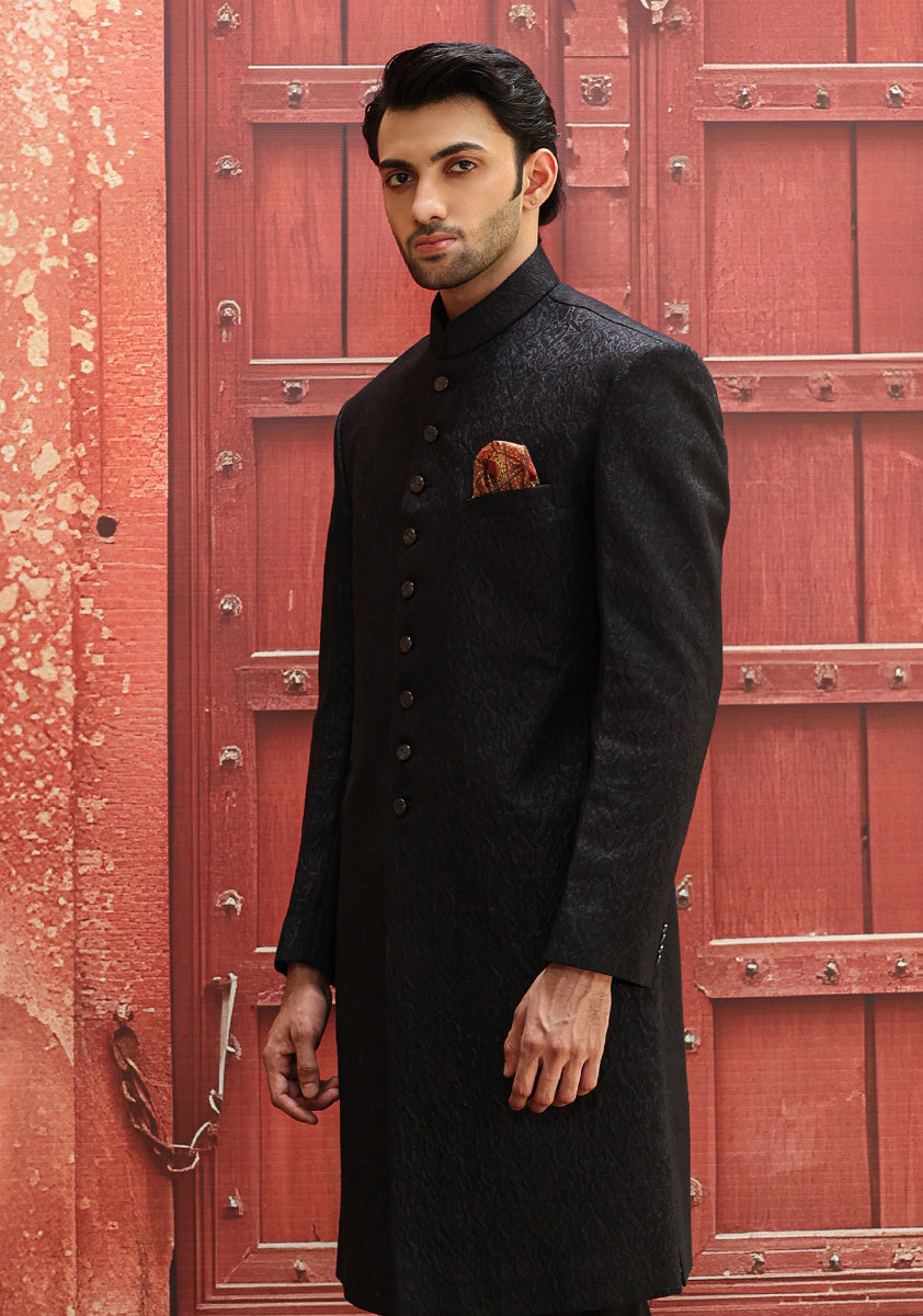 Black Karandi Jamawar Achkan Sherwani (2-Piece) - Image 2