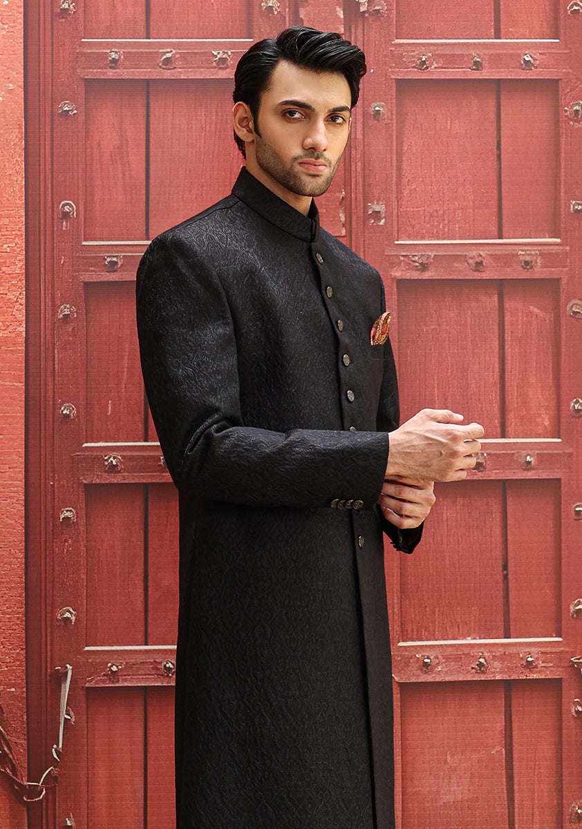 Black Karandi Jamawar Achkan Sherwani (2-Piece) - Image 3