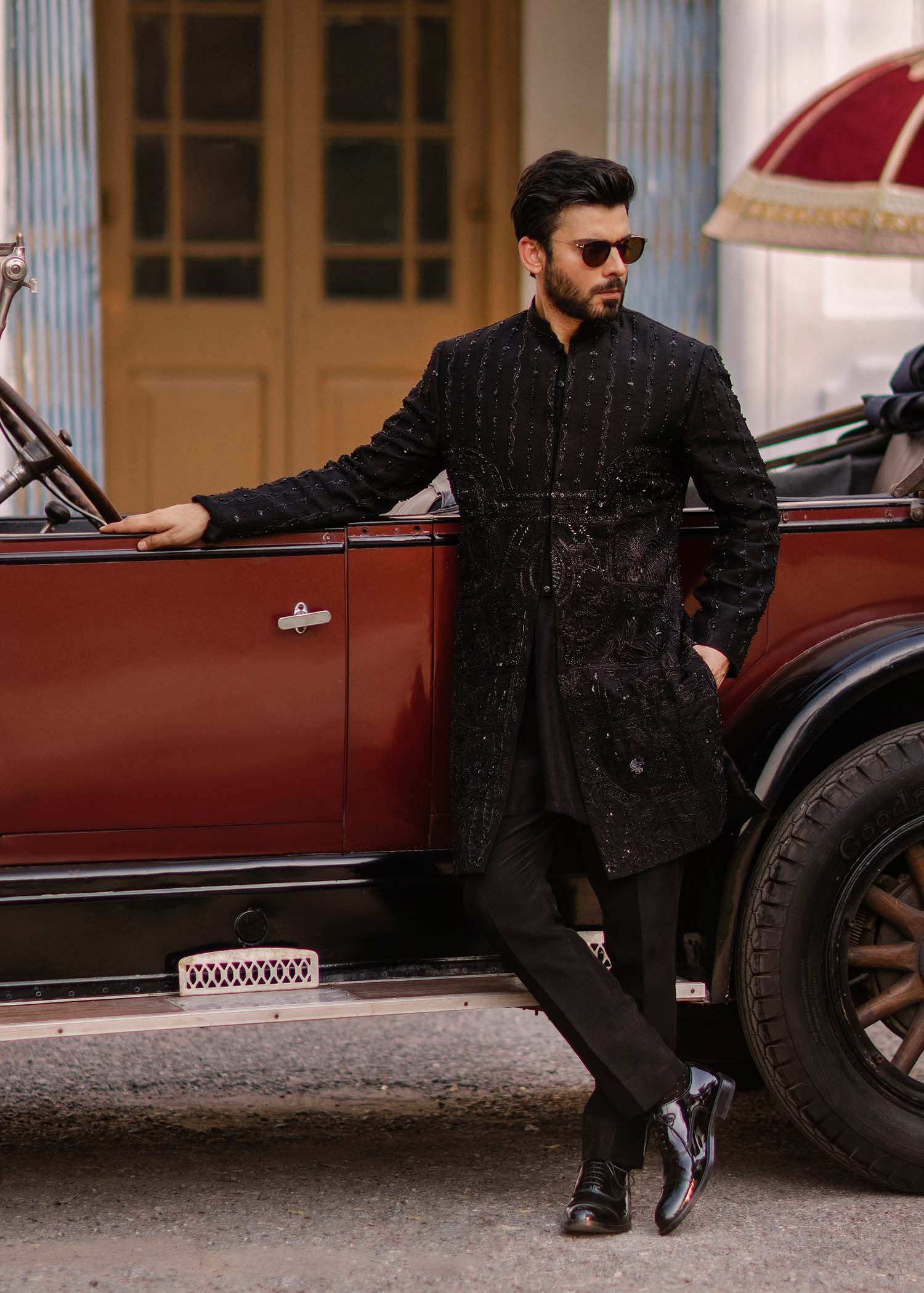 Black Hand-Embroidered Korean Raw Silk Achkan Sherwani (3-Piece) - Image 1