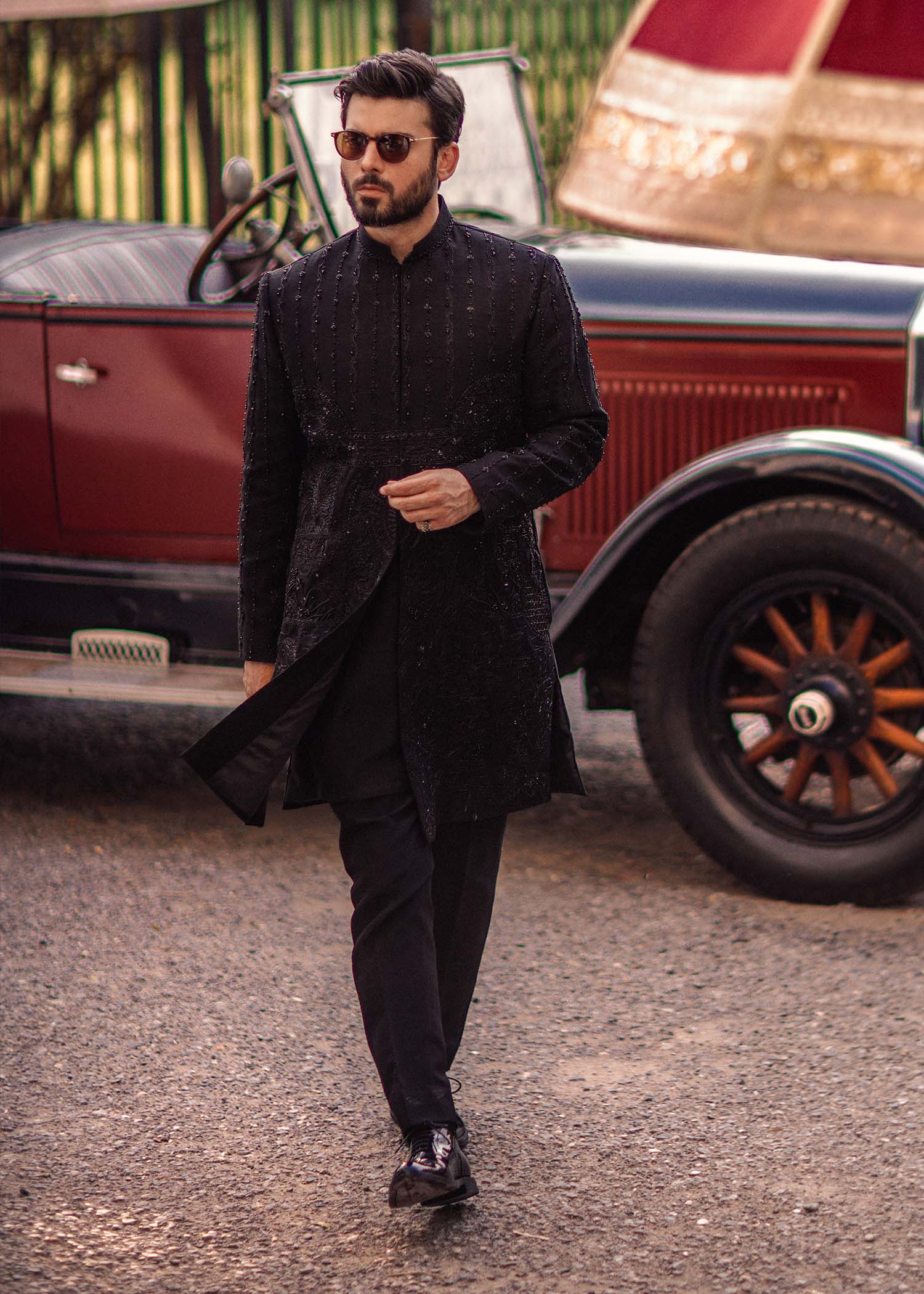 Black Hand-Embroidered Korean Raw Silk Achkan Sherwani (3-Piece) - Image 2