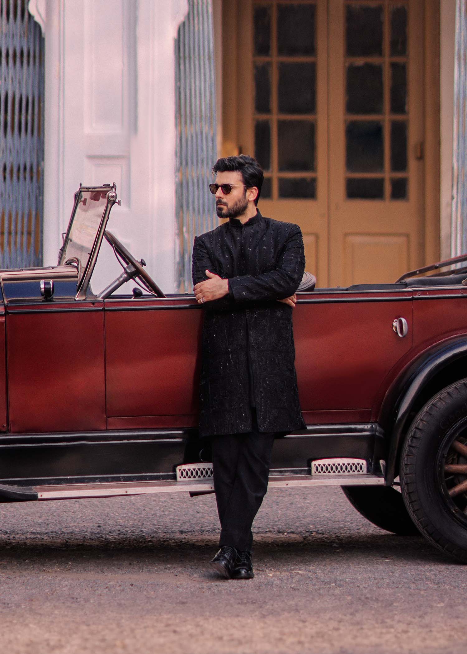 Black Hand-Embroidered Korean Raw Silk Achkan Sherwani (3-Piece) - Image 4