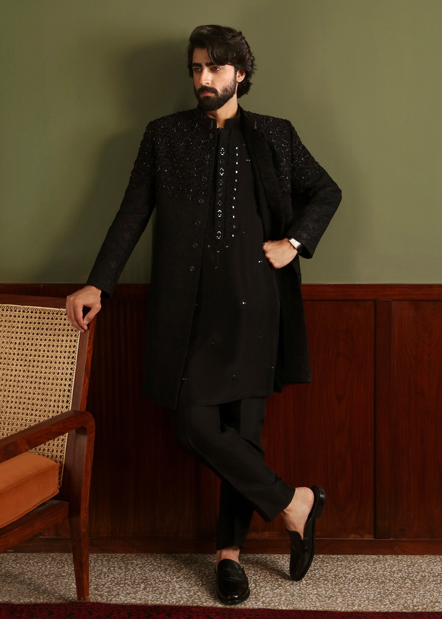 Black Zardozi Crystal Korean Rawsilk Sherwani (3-Piece) - Image 1
