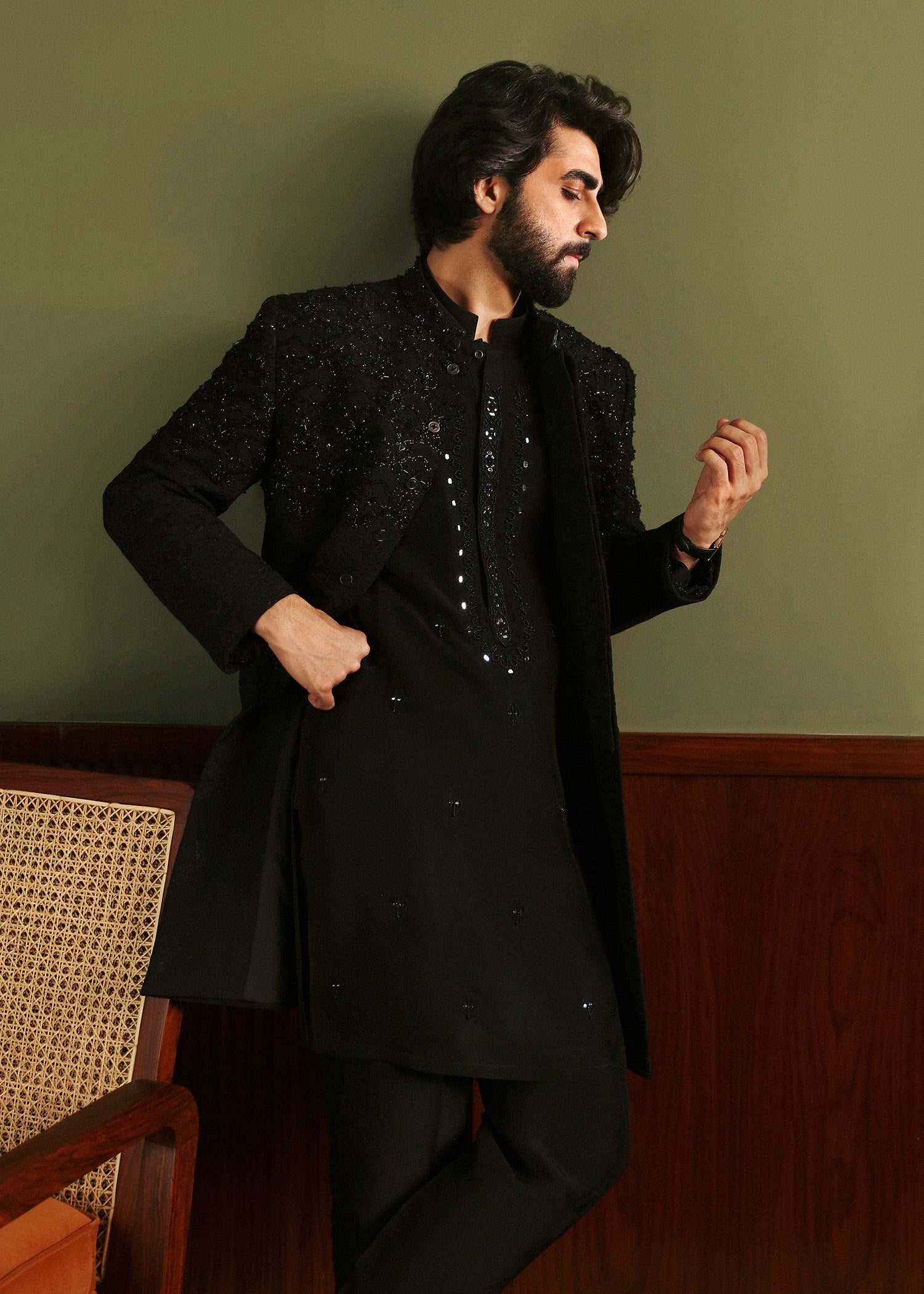 Black Zardozi Crystal Korean Rawsilk Sherwani (3-Piece) - Image 2