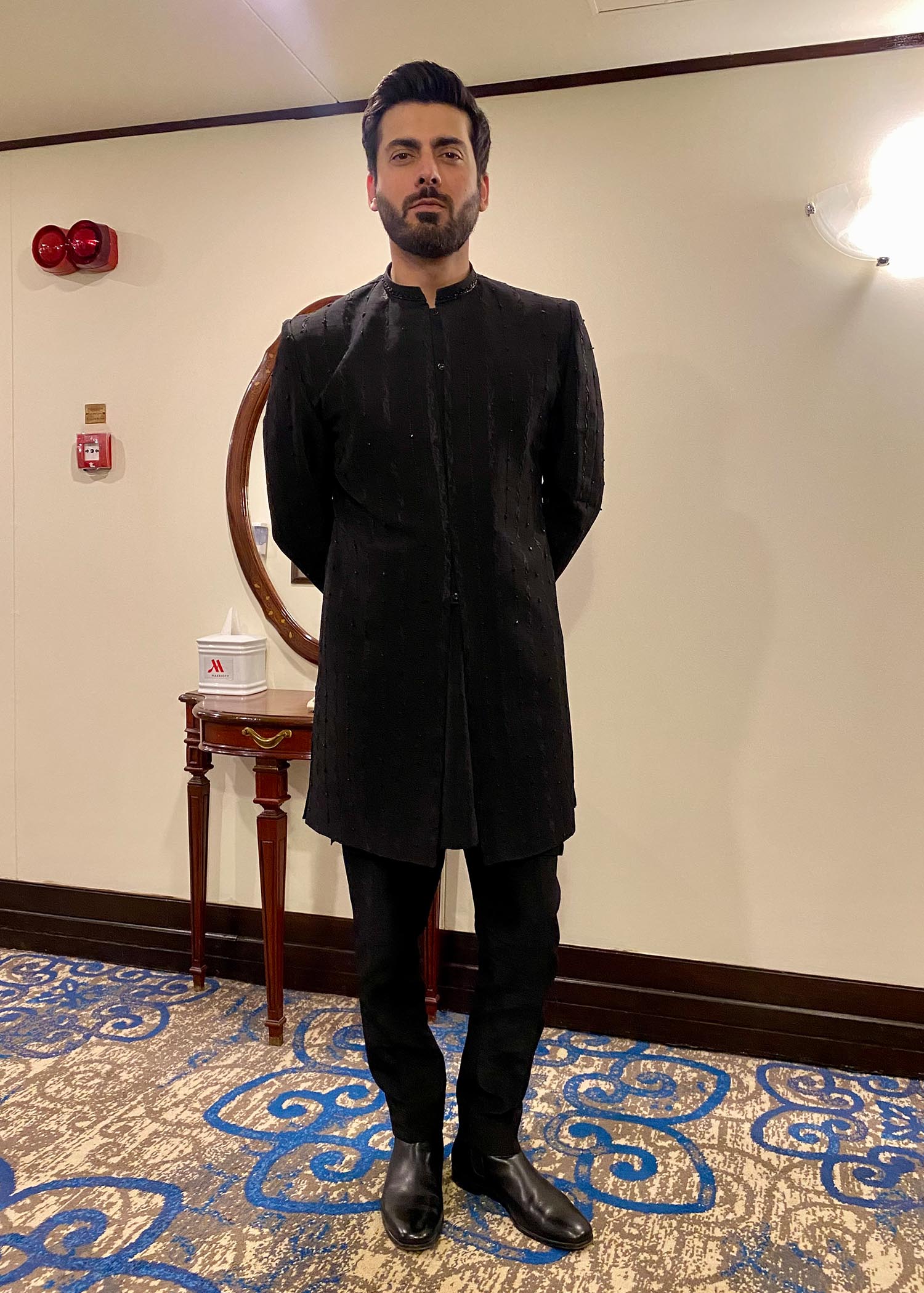 Black Zardozi Crystal Korean Raw Silk Sherwani (2-Piece) - Image 3