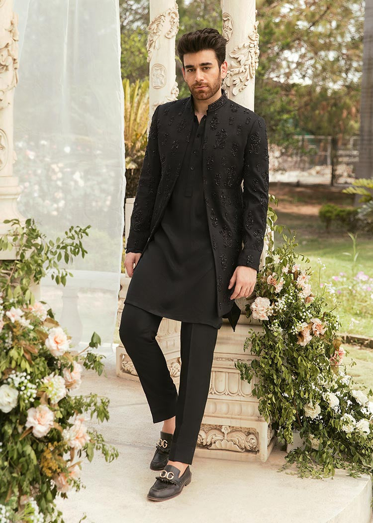 Black Hand Embroidered Korean Rawsilk Sherwani (3-Piece) - Image 1