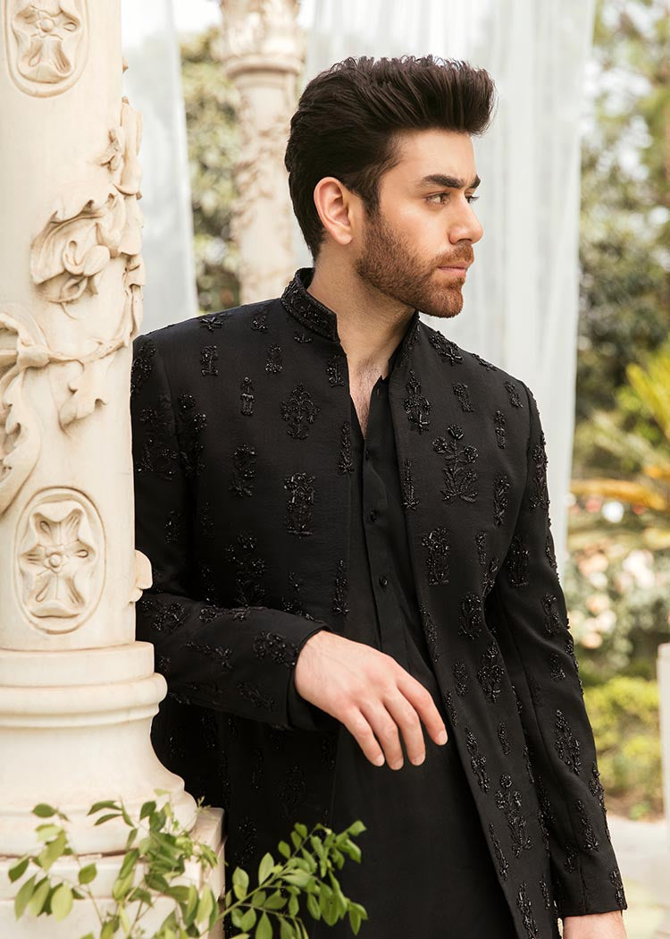 Black Hand Embroidered Korean Rawsilk Sherwani (3-Piece) - Image 3
