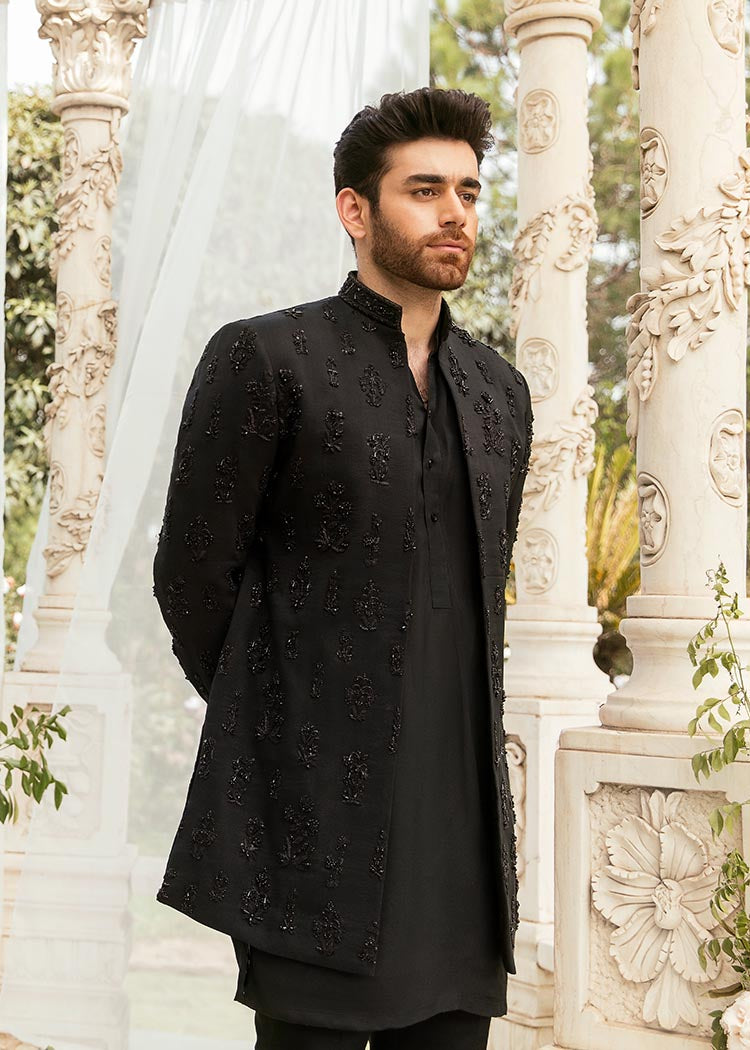 Black Hand Embroidered Korean Rawsilk Sherwani (3-Piece) - Image 4