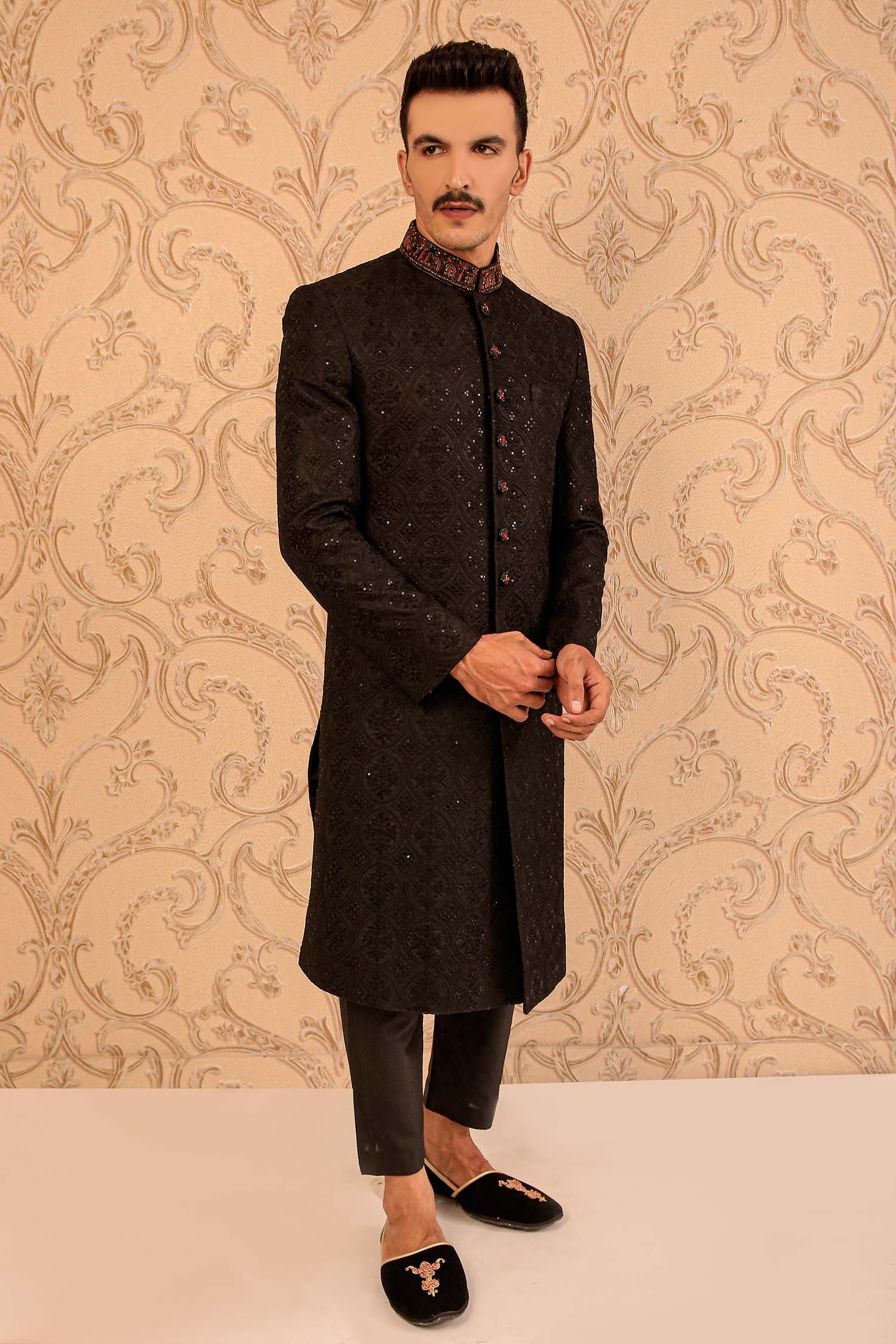 Black Hand-Embroidered Masoori Sherwani (2-Piece) - Image 1