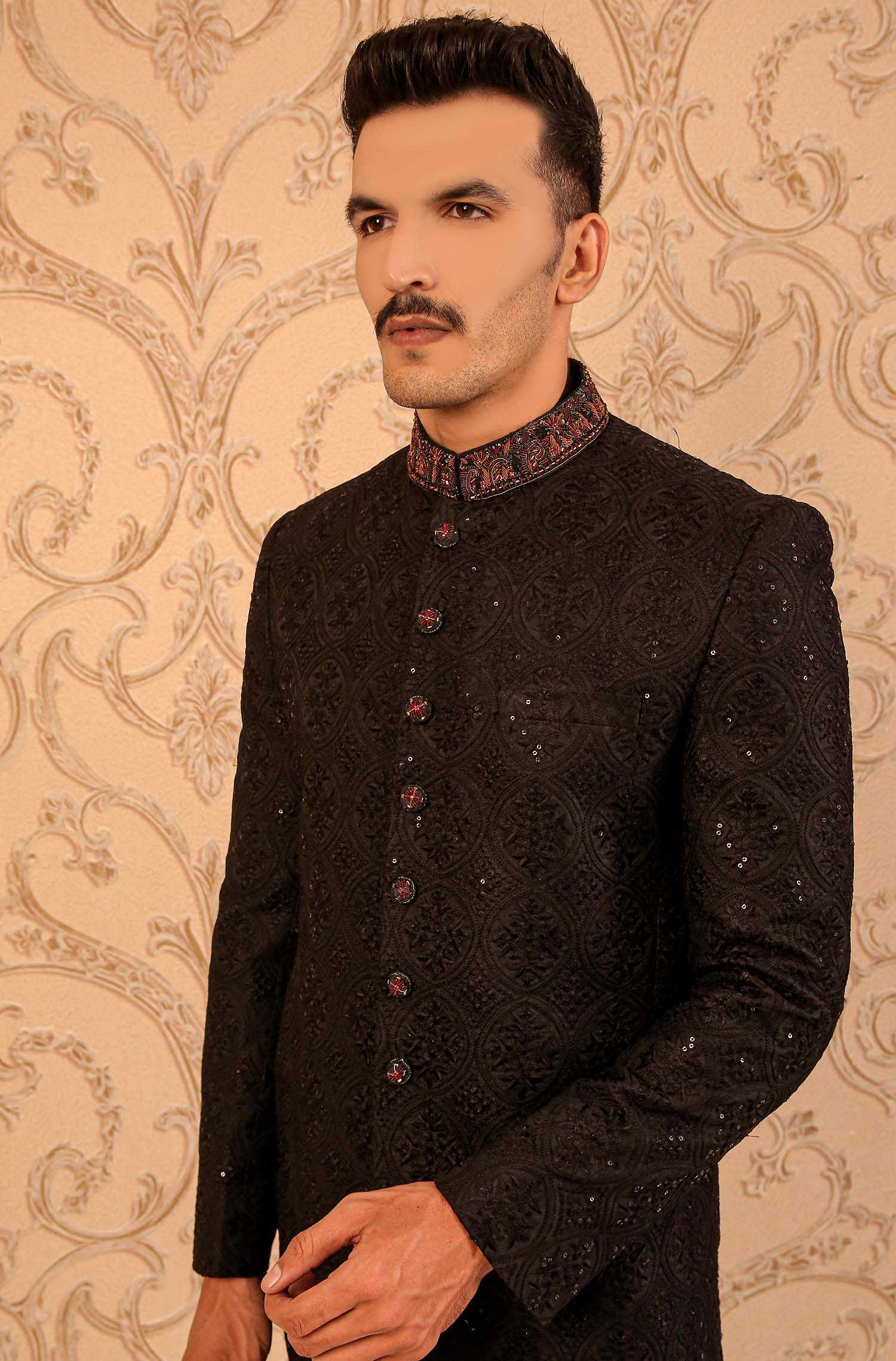 Black Hand-Embroidered Masoori Sherwani (2-Piece) - Image 2