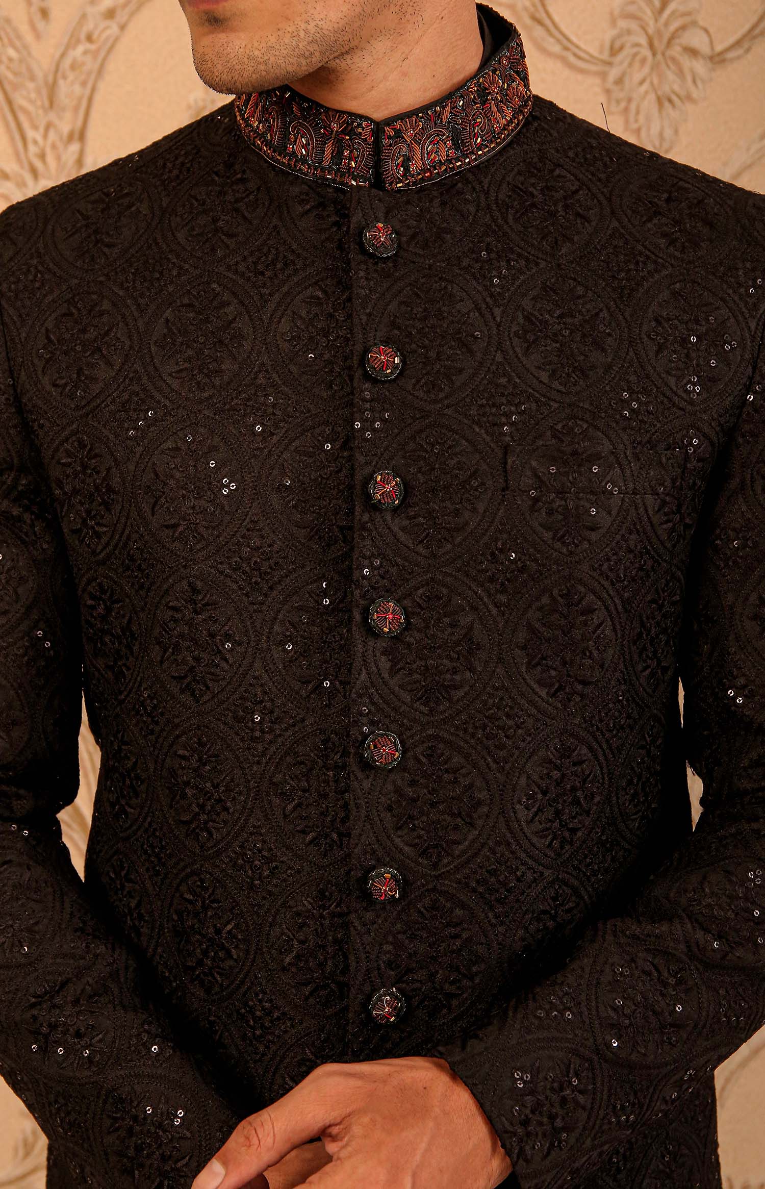 Black Hand-Embroidered Masoori Sherwani (2-Piece) - Image 3