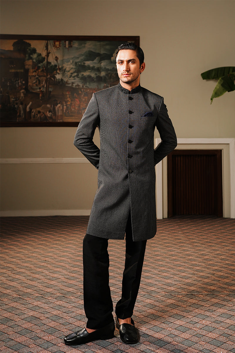 Black Textured Sherwani with Embroidered Band Collar (2-Piece) - Image 1
