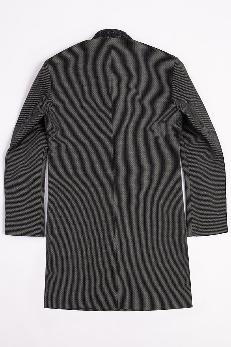 Black Textured Sherwani with Embroidered Band Collar (2-Piece) - Image 10