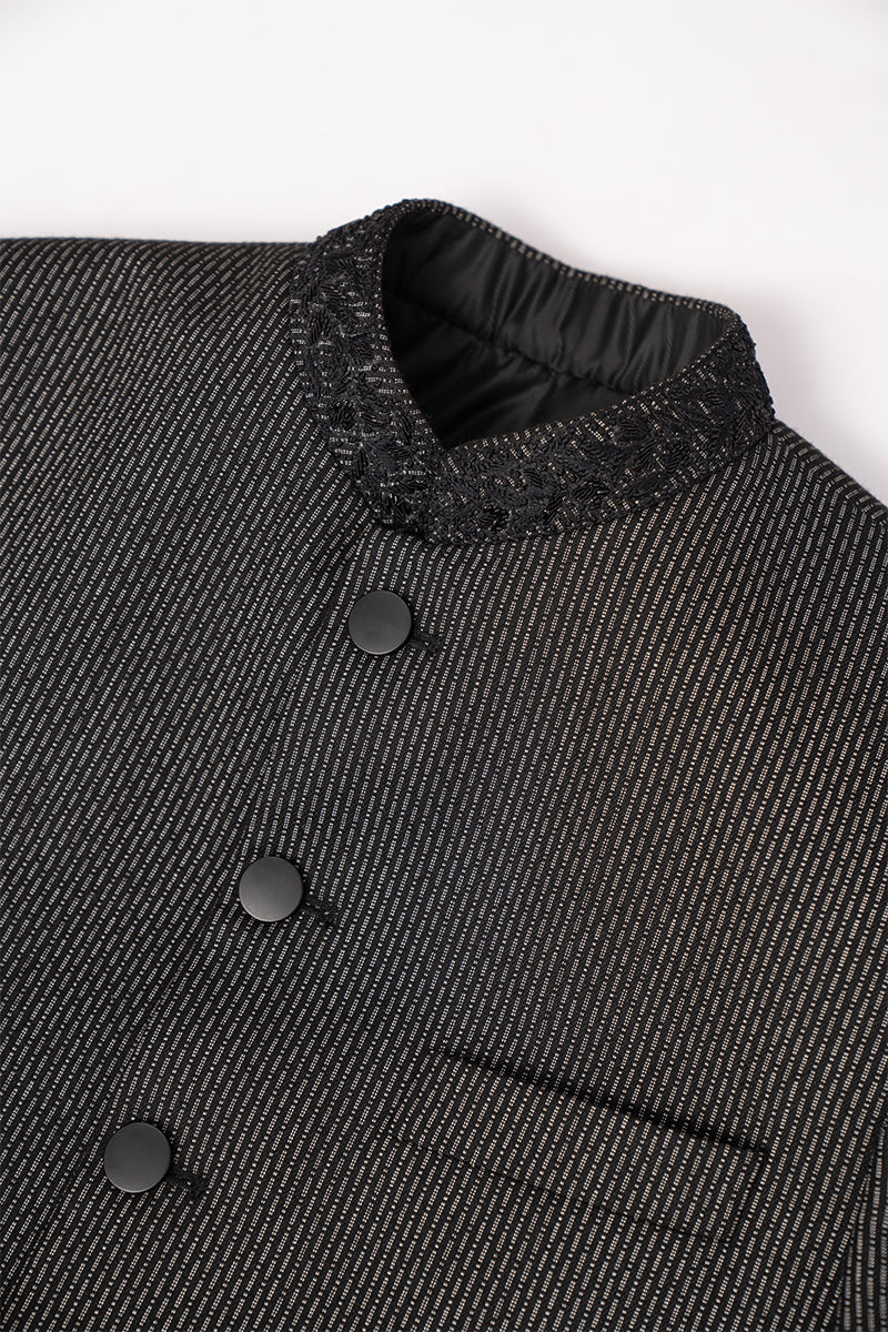 Black Textured Sherwani with Embroidered Band Collar (2-Piece) - Image 2