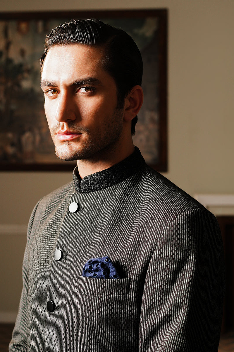 Black Textured Sherwani with Embroidered Band Collar (2-Piece) - Image 3