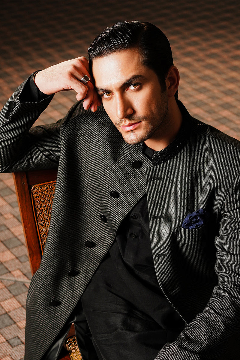 Black Textured Sherwani with Embroidered Band Collar (2-Piece) - Image 4