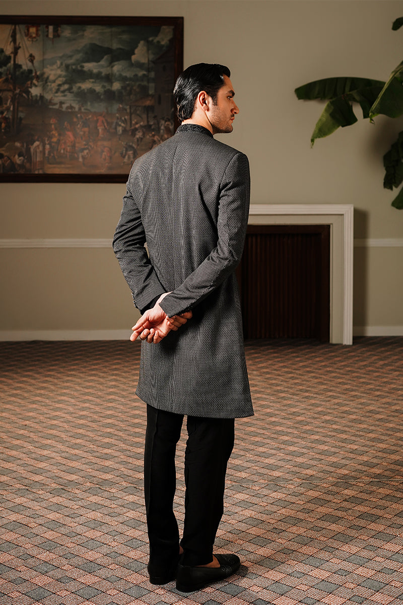 Black Textured Sherwani with Embroidered Band Collar (2-Piece) - Image 5