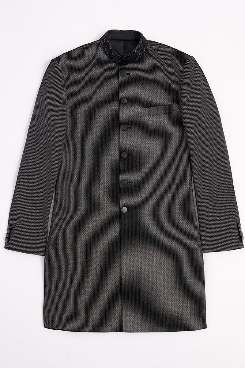 Black Textured Sherwani with Embroidered Band Collar (2-Piece) - Image 8