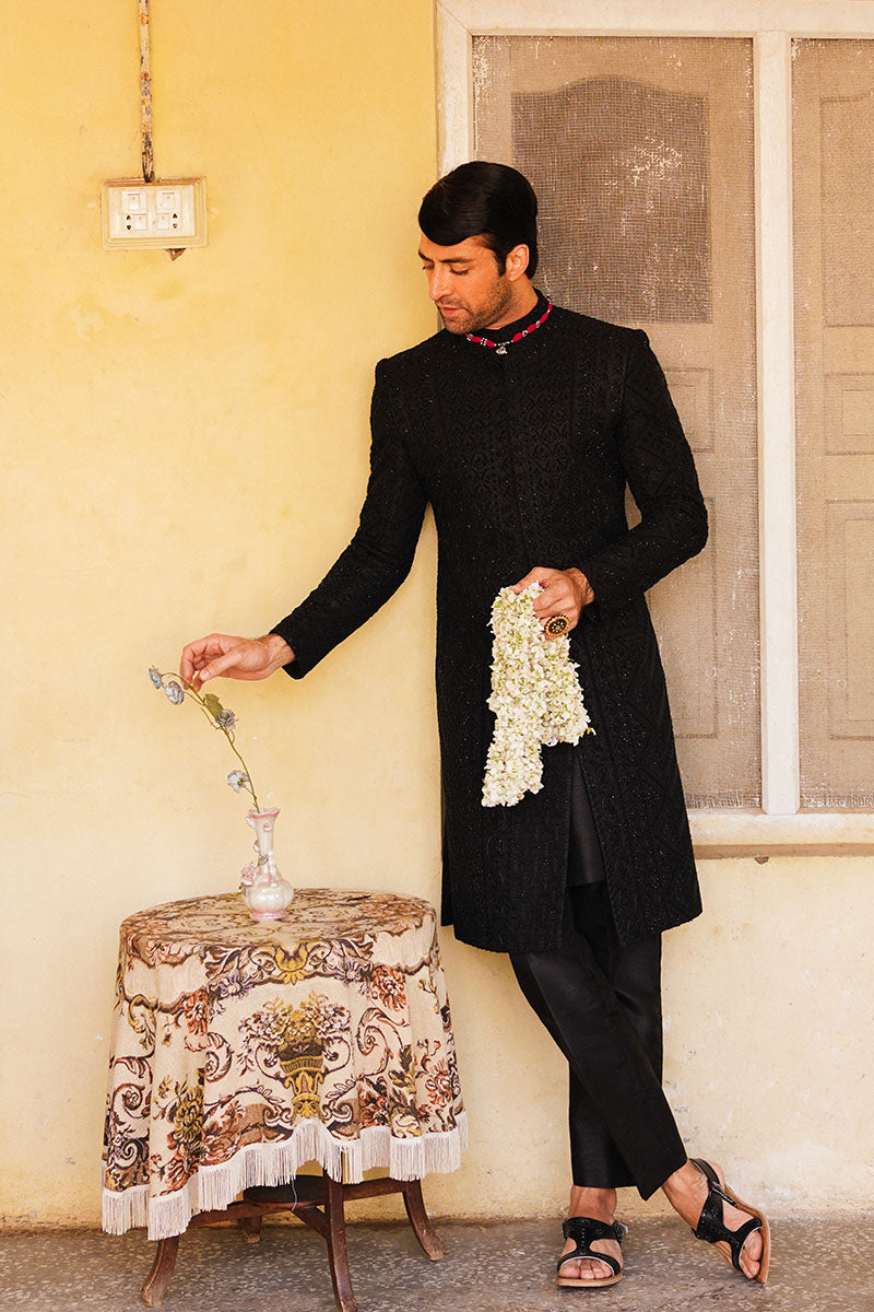 Charcoal Black Embroidered Suiting Sherwani (3-Piece) - Image 1