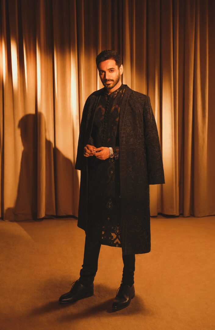 Black Embroidered Organza Achkan Sherwani (3-Piece) - Image 1