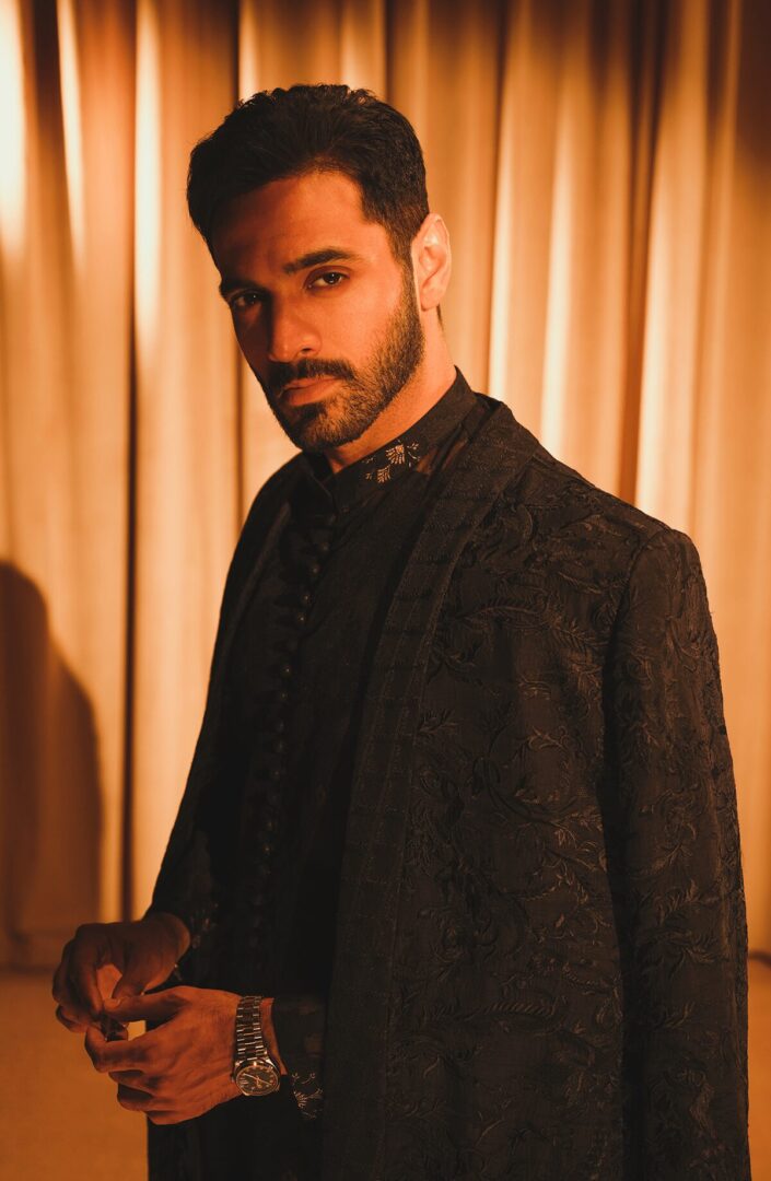 Black Embroidered Organza Achkan Sherwani (3-Piece) - Image 2