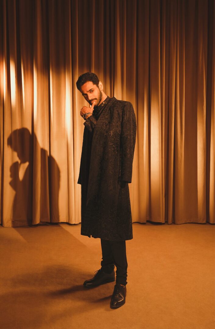 Black Embroidered Organza Achkan Sherwani (3-Piece) - Image 3