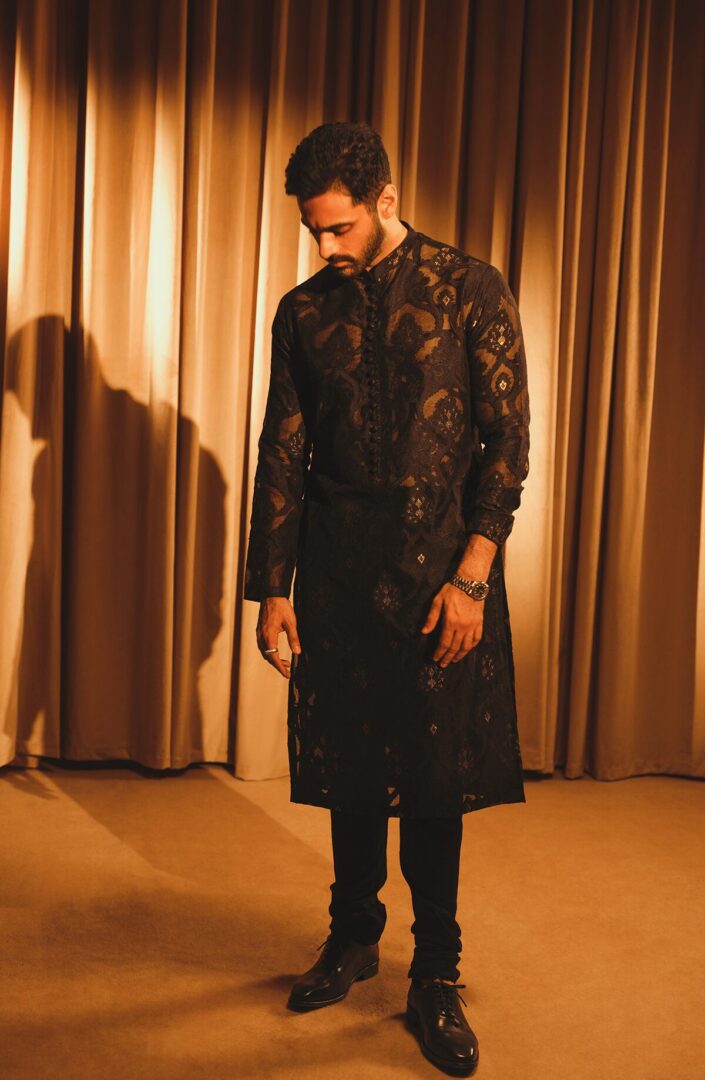 Black Embroidered Organza Achkan Sherwani (3-Piece) - Image 4