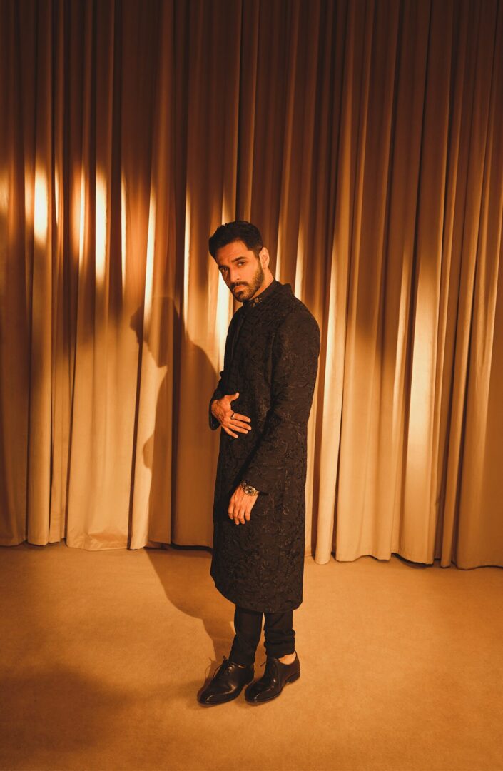 Black Embroidered Organza Achkan Sherwani (3-Piece) - Image 5