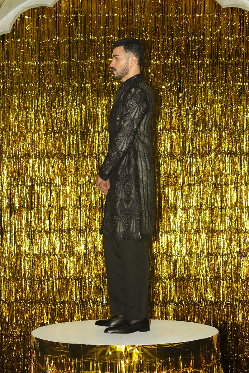 Onyx Black Geometric Embroidered Organza Sherwani (2-Piece) - Image 4