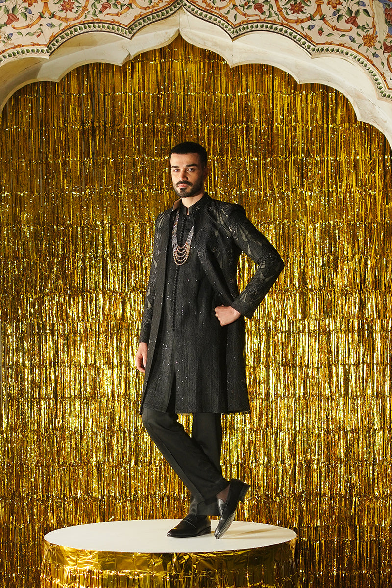 Onyx Black Embroidered Organza Achkan Sherwani (3-Piece) - Image 1