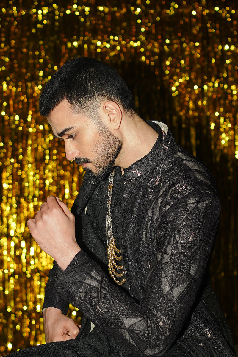 Onyx Black Embroidered Organza Achkan Sherwani (3-Piece) - Image 3