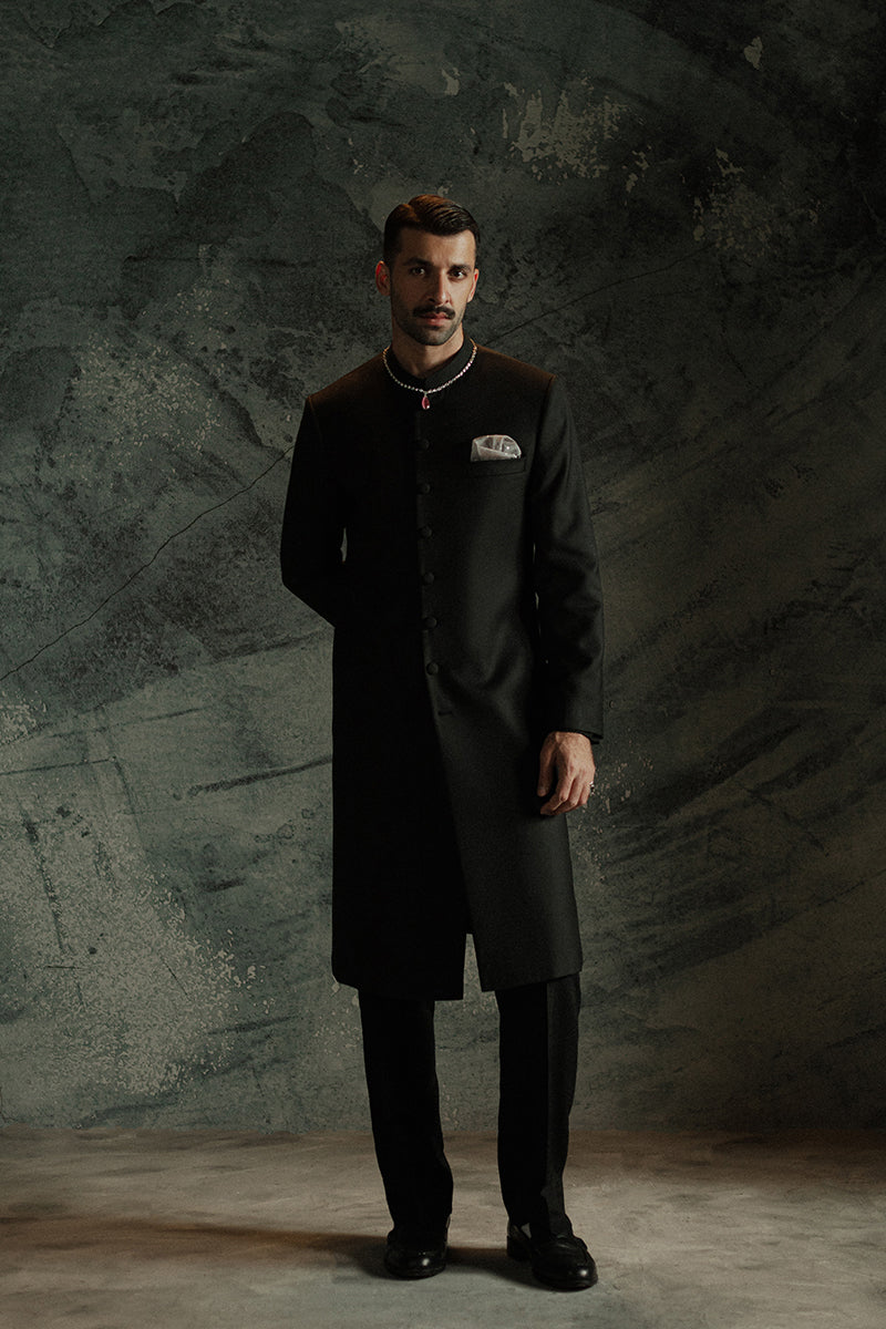 Black Suiting Achkan Sherwani (2-Piece) - Image 1