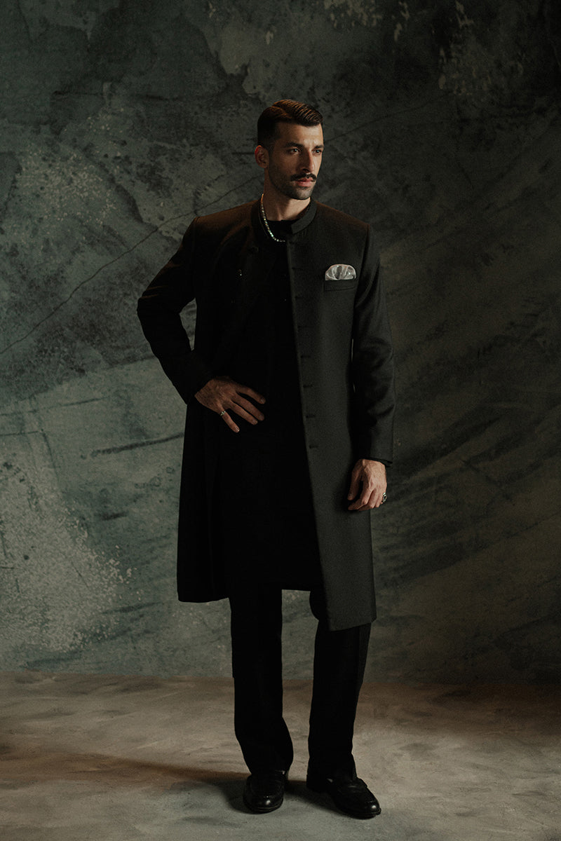 Black Suiting Achkan Sherwani (2-Piece) - Image 4