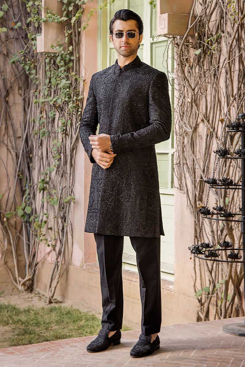Black Zardozi Pure Silk Sherwani (2-Piece) - Image 1