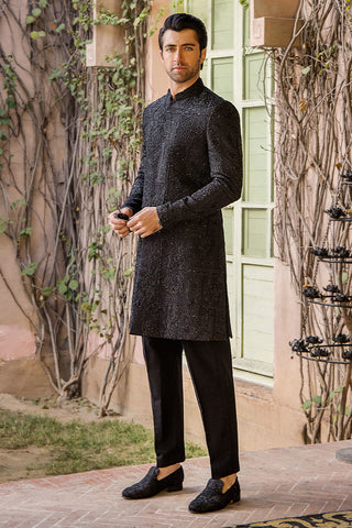 Black Zardozi Pure Silk Sherwani (2-Piece) - Image 4