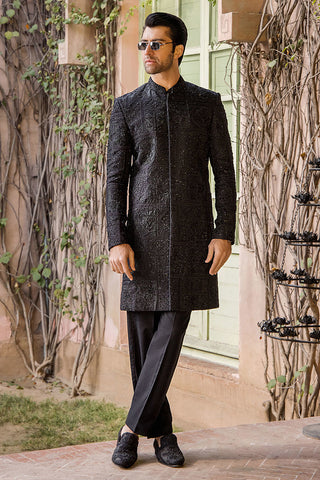 Black Zardozi Pure Silk Sherwani (2-Piece) - Image 5