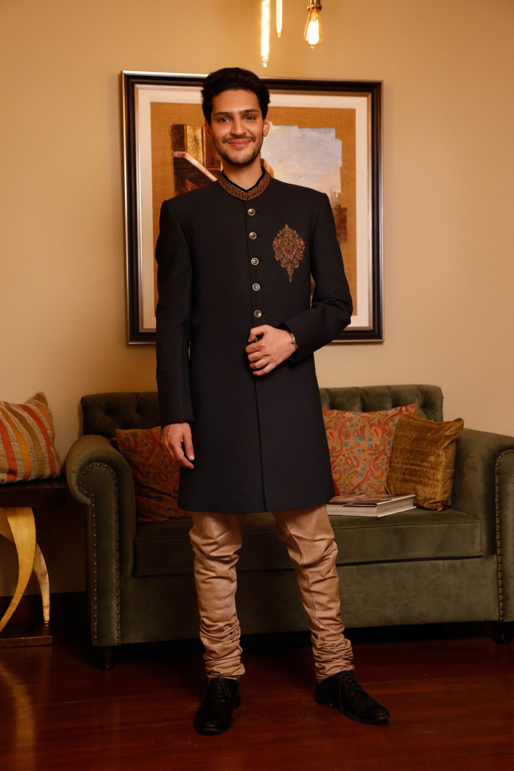 Black Embroidered Raw Cotton Silk Sherwani (2-Piece) - Image 1
