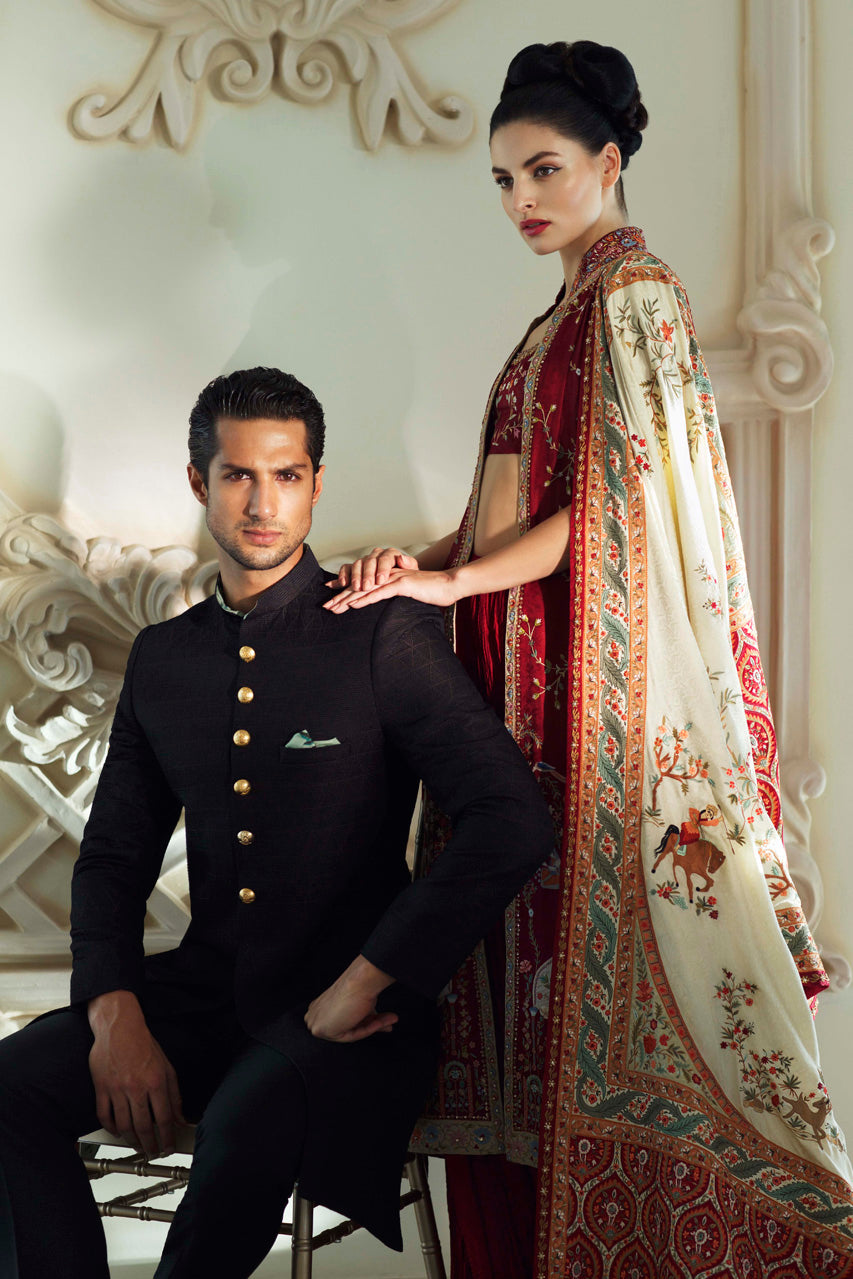Black Embroidered Raw Silk Sherwani (2-Piece) - Image 1