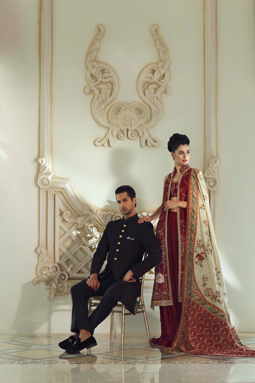 Black Embroidered Raw Silk Sherwani (2-Piece) - Image 2