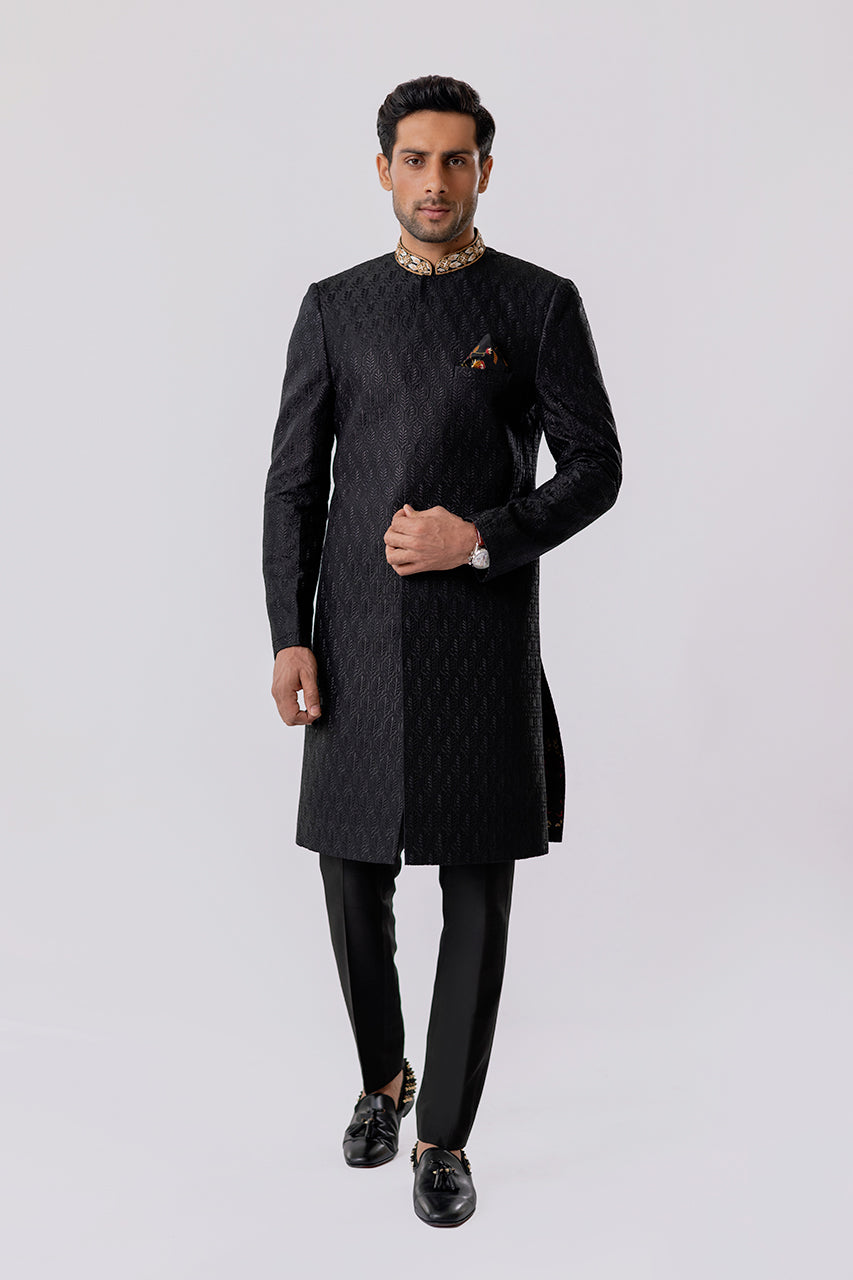 Charcoal Embroidered Raw Silk Sherwani (2-Piece) - Image 1